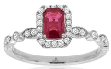 0.89CT DIAMOND & AAA RUBY 14KT WHITE GOLD 3D EMERALD CUT & ROUND ENGAGEMENT RING
