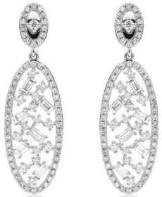 1.28CT DIAMOND 14K WHITE GOLD ROUND & BAGUETTE CLUSTER OVAL FUN HANGING EARRINGS