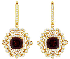 3.2CT DIAMOND & AAA GARNET 14KT YELLOW GOLD 3D CUSHION & ROUND HANGING EARRINGS