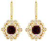 3.2CT DIAMOND & AAA GARNET 14KT YELLOW GOLD 3D CUSHION & ROUND HANGING EARRINGS