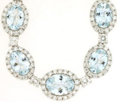 16.75CT DIAMOND & AAA AQUAMARINE 14KT WHITE GOLD OVAL & ROUND HALO LOVE NECKLACE