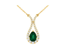 1.01CT DIAMOND & AAA EMERALD 14K YELLOW GOLD 3D ROUND & PEAR SHAPE LOVE NECKLACE