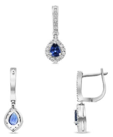 1.38CT DIAMOND & AAA SAPPHIRE 18K WHITE GOLD PEAR SHAPE & ROUND HANGING EARRINGS
