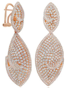 LARGE 8.91CT DIAMOND 18KT ROSE GOLD 3D DOUBLE LEAF FUN CLIP ON HANGING EARRINGS
