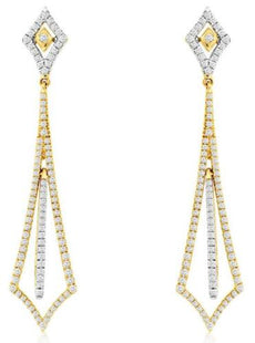 LONG .70CT DIAMOND 14K YELLOW GOLD 3D GEOMETRICAL TEAR DROP FUN HANGING EARRINGS