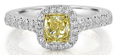 1.46CT WHITE & FANCY YELLOW DIAMOND 18K 2 TONE GOLD CUSHION HALO ENGAGEMENT RING