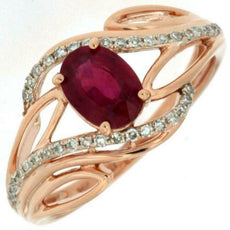 1.06CT DIAMOND & AAA RUBY 14K ROSE GOLD OVAL & ROUND DOUBLE LEAF FRIENDSHIP RING