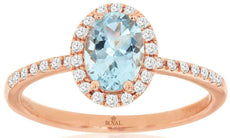 .85CT DIAMOND & AAA AQUAMARINE 14KT ROSE GOLD OVAL & ROUND HALO FRIENDSHIP RING