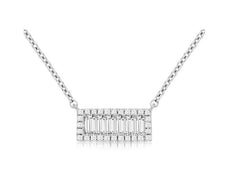.29CT DIAMOND 14KT WHITE GOLD 3D ROUND & BAGUETTE RECTANGULAR BAR LOVE NECKLACE