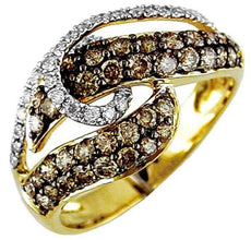 .99CT WHITE & MOCHA DIAMOND 14KT 2 TONE GOLD CDOUBLE LEAF CRISS CROSS FUN RING