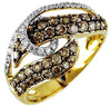 .99CT WHITE & MOCHA DIAMOND 14KT 2 TONE GOLD CDOUBLE LEAF CRISS CROSS FUN RING