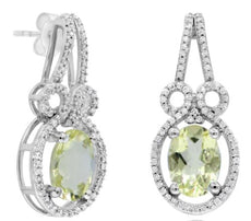 LARGE 2.39CT DIAMOND & AAA LEMON QUARTZ 14KT WHITE GOLD 3D OVAL & ROUND EARRINGS