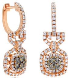 1.07CT WHITE & CHOCOLATE FANCY DIAMOND 14KT ROSE GOLD 3D CLUSTER FLOWER EARRINGS