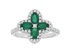 1.28CT DIAMOND & AAA EMERALD 14K WHITE GOLD ROUND & OVAL 4 LEAF CLOVER LOVE RING