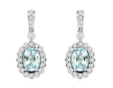 1.15CT DIAMOND & AAA AQUAMARINE 14KT WHITE GOLD 3D OVAL & ROUND HANGING EARRINGS