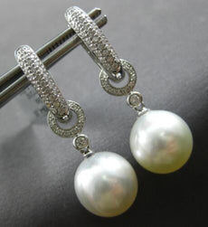 LARGE .50CT DIAMOND & AAA SOUTH SEA PEARL 18K WHITE GOLD HUGGIE HANGING EARRINGS