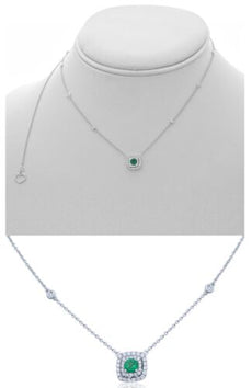 .55CT DIAMOND & AAA EMERALD 14K WHITE GOLD ROUND SQUARE ADJUSTABLE LOVE NECKLACE