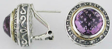 LARGE 8.40CT AAA AMETHYST & WHITE TOPAZ 14KT YELLOW GOLD & SILVER ROUND EARRINGS