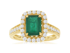 1.64CT DIAMOND & AAA EMERALD 14KT YELLOW GOLD ROUND & BAGUETTE ENGAGEMENT RING
