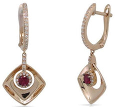 .49CT DIAMOND & AAA RUBY 14K YELLOW GOLD FLOWER GEOMETRICAL FUN HANGING EARRINGS