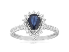 1.38CT DIAMOND & AAA SAPPHIRE 14KT WHITE GOLD PEAR SHAPE FLORAL ENGAGEMENT RING