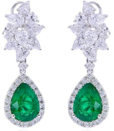 9.24CT DIAMOND & AAA EMERALD 18KT WHITE GOLD FLORAL TEAR DROP HANGING EARRINGS