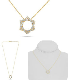 .38CT DIAMOND 14KT YELLOW GOLD ROUND & BAGUETTE STAR OF DAVID LOVE KNOT NECKLACE