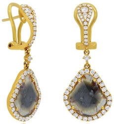 4.67CT WHITE & ICE DIAMOND 18K YELLOW GOLD 3D TEAR DROP CLIP ON HANGING EARRINGS
