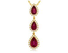 1.1CT DIAMOND & AAA RUBY 14KT YELLOW GOLD 3D PEAR SHAPE & ROUND 3 STONE NECKLACE