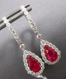 LARGE 4.78CT DIAMOND AAA RUBY 14KTWHITE GOLD PEAR SHAPE HUGGIE HANGING EARRINGS