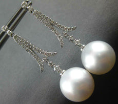 LARGE .6CT DIAMOND & AAA SOUTH SEA PEARL 18K WHITE GOLD V SHAPE HANGING EARRINGS