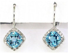 2.72CT DIAMOND & AAA BLUE TOPAZ 14K WHITE GOLD SQUARE LEVERBACK HANGING EARRINGS