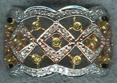 .42CT WHITE & CANARY DIAMOND 14KT TRI COLOR GOLD OPEN FILIGREE ANNIVERSARY RING