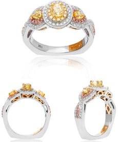 1.08CT WHITE PINK & FANCY YELLOW DIA 18KT TRI COLOR GOLD OVAL & PEAR SHAPE RING