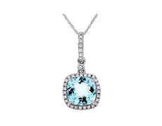 1.99CT DIAMOND & AAA AQUAMARINE 14KT WHITE GOLD CUSHION & ROUND SQUARE PENDANT