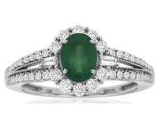 1.26CT DIAMOND & AAA EMERALD 14KT WHITE GOLD 3D ROUND & BAGUETTE ENGAGEMENT RING