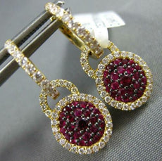 1.40CT DIAMOND & AAA RUBY 18KT YELLOW GOLD CLUSTER FLOWER HALO HANGING EARRINGS