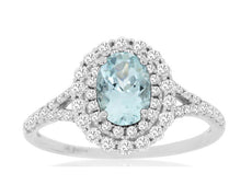 1.18CT DIAMOND & AAA AQUAMARINE 14K WHITE GOLD OVAL & ROUND HALO ENGAGEMENT RING