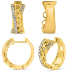 WIDE .36CT DIAMOND 14KT YELLOW GOLD 3D ROUND CRISS CROSS HUGGIE HANGING EARRINGS