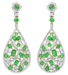 18.75CT DIAMOND & AAA EMERALD 18KT 2 TONE GOLD 3D MULTI SHAPE HANGING EARRINGS