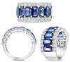 WIDE 7.17CT DIAMOND & AAA SAPPHIRE PLATINUM 3D EMERALD CUT & ROUND 3 ROW RING