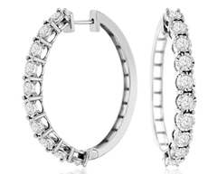 2.0CT DIAMOND 14KT WHITE GOLD 3D ROUND SHARED PRONG OVAL HUGGIE HANGING EARRINGS
