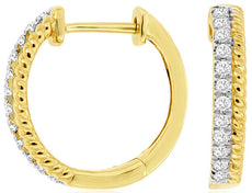 ESTATE .16CT DIAMOND 14KT YELLOW GOLD 3D ROPE HOOP HUGGIE HANGING EARRINGS
