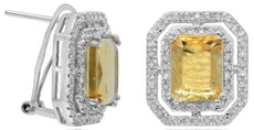 LARGE 5.38CT DIAMOND & AAA CITRINE 14KT WHITE GOLD EMERALD CUT & ROUND EARRINGS