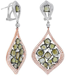 LARGE 6.09CT WHITE & MULTI COLOR SLICE DIAMOND 18K WHITE & ROSE GOLD 3D EARRINGS