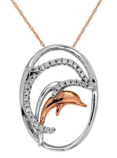ESTATE .10CT DIAMOND 14K WHITE & ROSE GOLD DOUBLE DOLPHIN OVAL FLOATING PENDANT