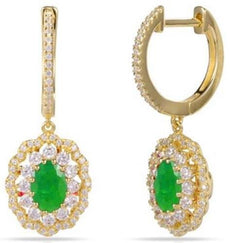 1.88CT DIAMOND & AAA EMERALD 14K YELLOW GOLD OVAL & ROUND FLOWER HUGGIE EARRINGS