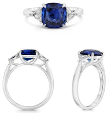 3.41CT DIAMOND & AAA SAPPHIRE PLATINUM CUSHION & TRILLION 3 STONE CLASSIC RING