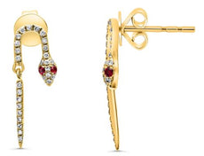 .19CT DIAMOND & AAA RUBY 14KT YELLOW GOLD ROUND HAPPY SNAKE FUN HANGING EARRINGS