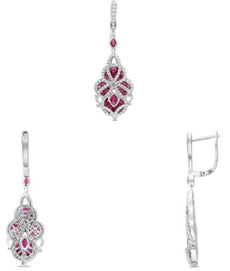 LARGE 3.57CT DIAMOND & AAA RUBY 18K WHITE GOLD FLORAL LEVERBACK HANGING EARRINGS